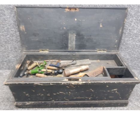 Vintage painted pine tool box with various gun smiths/bullet making tools and equipment