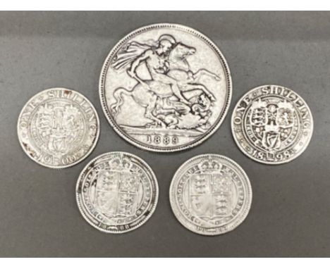 Total of 5 Victorian silver coins includes 1889 crown &amp; shillings dated 1887/1888/1898/1900