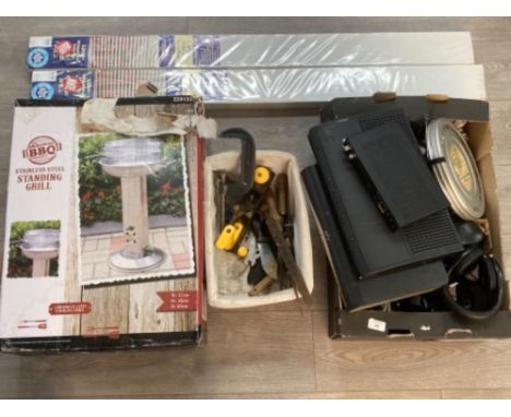 A stainless steel standing grill, hand tools, two white blinds etc