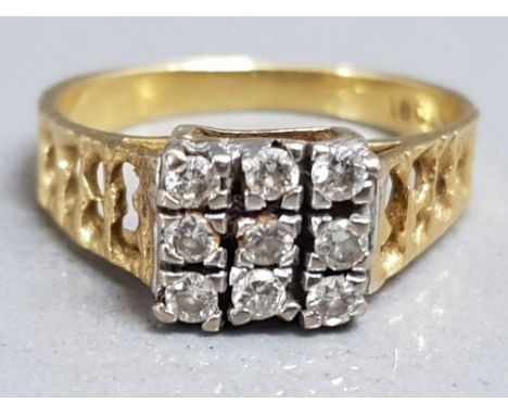 18ct gold &amp; 9 stone diamond square pattern ring, size L, 3.1g gross