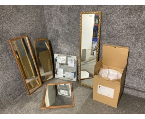 Four wall mirrors, an Our Day LED light up picture frame and a modern table lamp, boxed