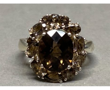 Silver &amp; smoky quartz cluster ring, size P, 4.8g gross