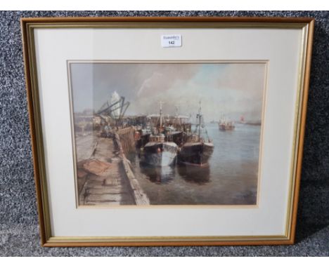 A colour print after Walter Holmes "North Shields Fish Quay" signed 29 x 38cm