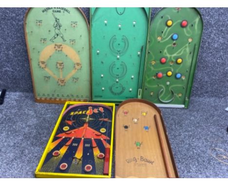 Total of 5 vintage bagatelle games, including Arcade baseball, space jet, ring bowl etc