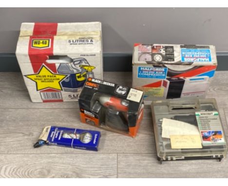 5 tool related items includes Black &amp; Decker compact screwdriver, 300 PSI air compressor, Mini craft hobby kit, engine co