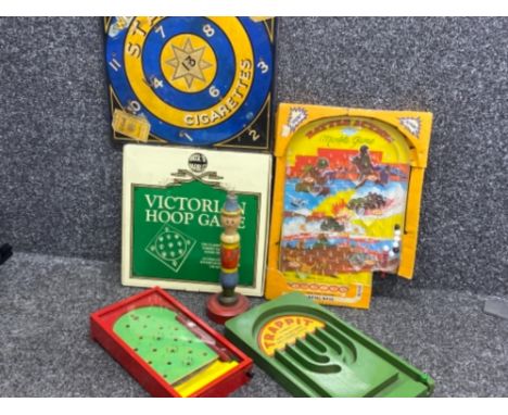 Vintage game group lot, hoop games (1 complete with hoops) battle action marble game with original box &amp; wooden framed ba