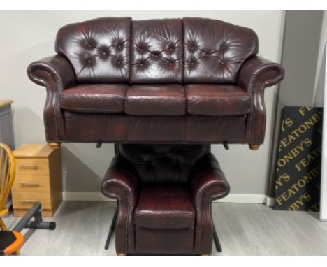 Metal Studded Burgundy leather 3 seater sofa &amp; matching armchair