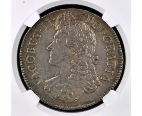 NGC – James II (1685-88), Crown, 1687, (S. 3407), Second draped bust, rev. crowned cruciform shields, encapsulated and graded