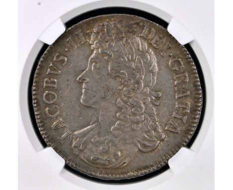 NGC – James II (1685-88), Crown, 1687, (S. 3407), Second draped bust, rev. crowned cruciform shields, encapsulated and graded