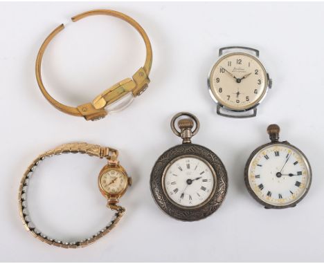 Antima Anti-Shock wristwatch, with two small silver fob watches, a Rone Incabloc and Zeih bangle watch, (5)