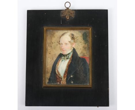 English School, 19th century, portrait miniature, gentleman in black coat and brown waistcoat and tied blue stock, from the s