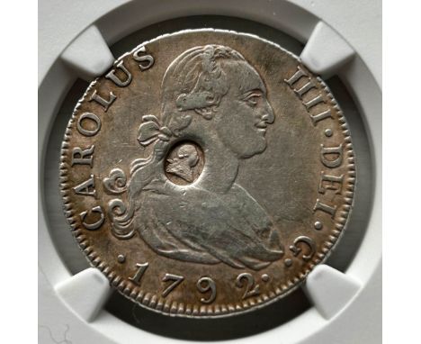 NGC – George III (1760-1820), Emergency Issue - Half Dollar Oval Countermark on portrait 4 Reales of Charles IV, 1792 MF, Mad