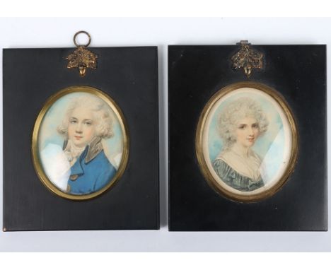 English School, 19th and 20th Century, portrait miniatures of a boy in blue coat and a lady in blue and white dress, the lady