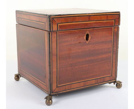 A Georgian mahogany, satinwood and ebony banded tea caddy, on four brass paw and ball feet, square form, 13.5cmWx13.5cmDx13.5