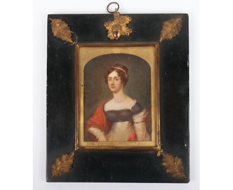 English School, 18th century portrait miniature of Lady Anne Bingham in black and white dress with red robe, believed to be L