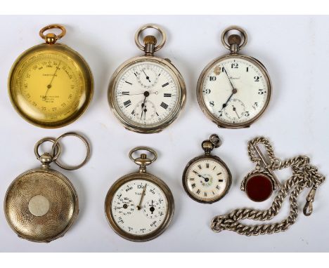 A group of pocket watches, including a Swiss silver pocket watch (.935), with a pocket barometer, a silver pocket watch case,