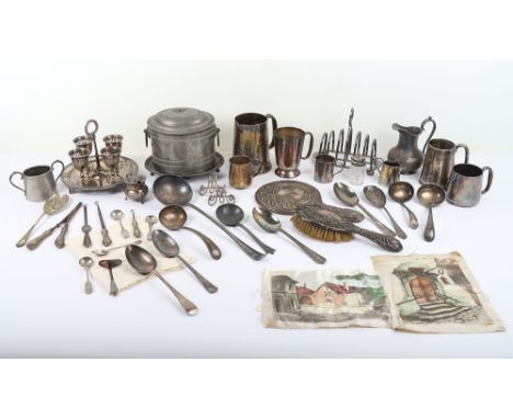 A selection of mostly silver plated items, including a silver cruet Sheffield 1901, with various other items including egg co