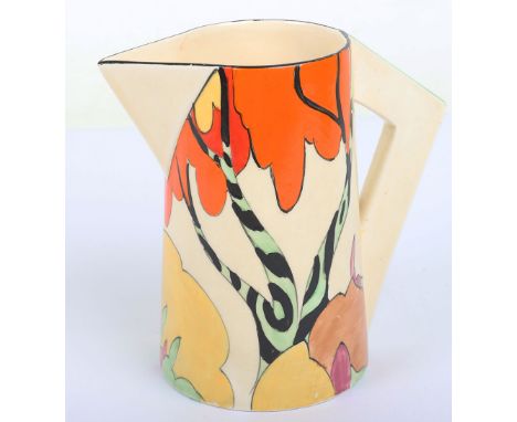 A Clarice Cliff Bizarre pattern Honolulu conical jug, 1930’s, stamped to base, 15cmH Condition: Overall condition is good wit