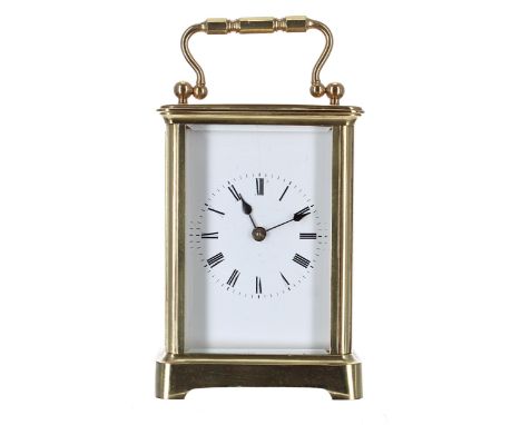 Carriage clock timepiece within a corniche brass case, 5.75" high 