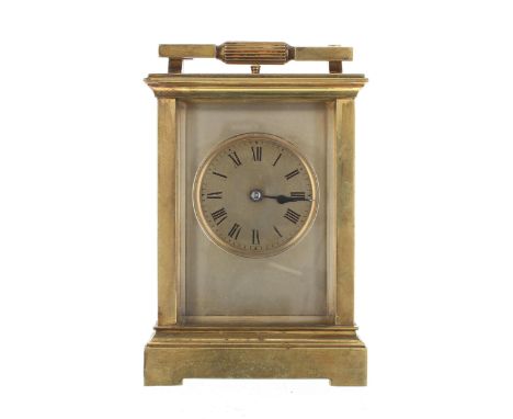 French repeater carriage clock striking on a gong, the 2" silvered dial within a plain silvered mask and corniche style brass