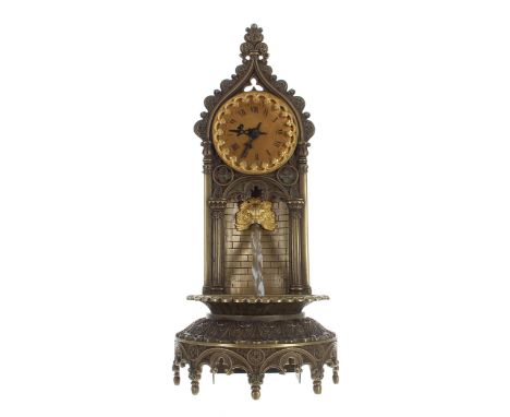 Novelty bronze mantel clock timepiece in the form of a fountain, the 2" gilt dial within a foliate bezel over a pillared bric