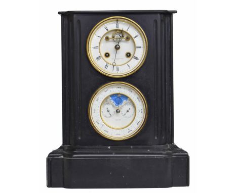 Good French black marble two train calendar mantel clock, the 4" clock chapter ring enclosing a recessed visible escapement s