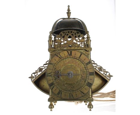 Interesting English antique brass hook and spike verge winged lantern clock, signed John Ebsworth at Ye In Lothbury Londini F