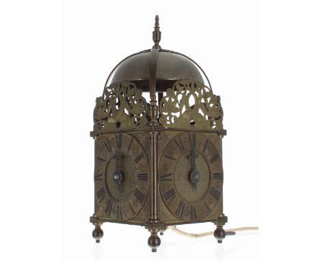 Interesting and unusual reproduction brass verge three-sided hook and spike lantern clock, the three 4.25" brass dials enclos