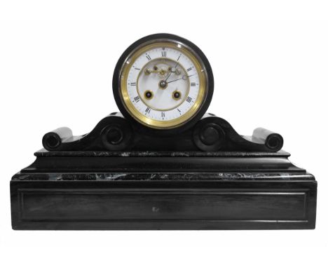 French black slate and green veined marble drumhead two train mantel clock, the movement&nbsp;striking on a bell, the 3.75" w