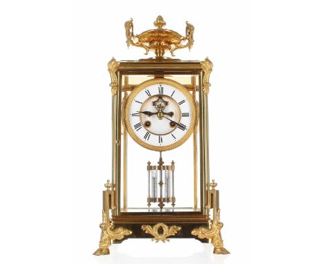 Good French ormolu two train four glass mantel clock, the movement striking on a bell and stamped with the maker's trademark 