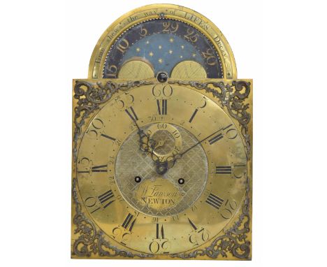 Eight day longcase clock movement, the 13" square brass dial signed William Lawson, Newton on a foliate shaped plate to the h