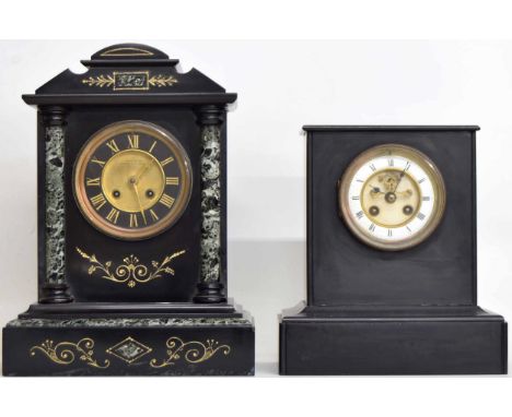 French black slate and green marble two train mantel clock, the 4.25" black chapter ring enclosing a gilt recessed centre sig