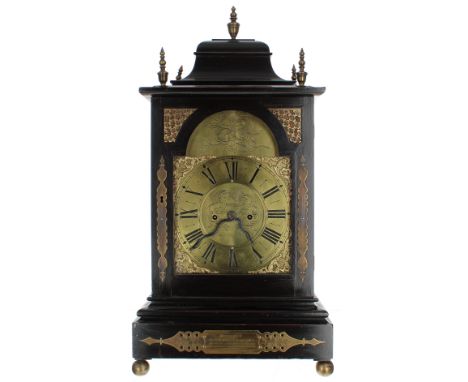 English ebonised double&nbsp;fusee bracket clock, the 8" brass arched dial signed Kerridge, Wimborne to the foliate engraved 