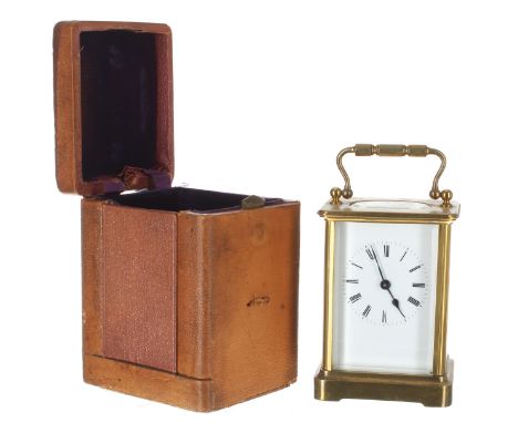 Carriage clock timepiece within a corniche brass case, 5.75" high (key); also with outer Morocco leather travelling case 