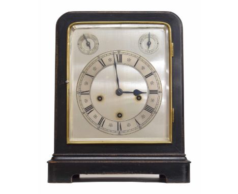 German ebonised three train mantel clock, the movement back plate stamped with the Lenz Furtwangler &amp; Son trademark logo,