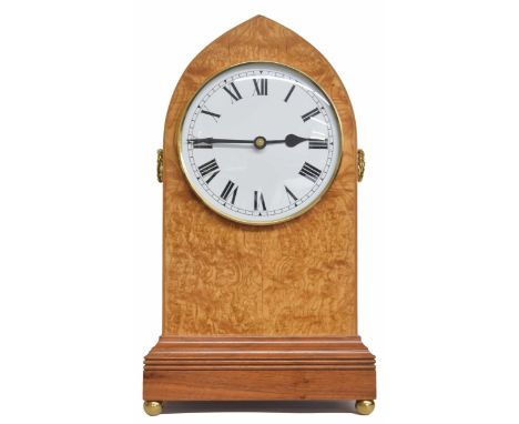 Good contemporary lancet mantel clock timepiece, the 8" white dial within a well constructed contemporary burr ash and sapele