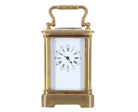 Miniature carriage clock timepiece within a corniche gilded brass case, 3.75" high 