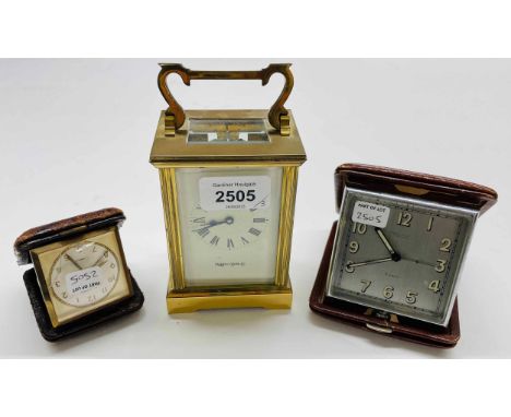 Mappin &amp; Webb Ltd carriage clock timepiece, within a corniche style brass case, 6" high; also a Swiss eight day travel al