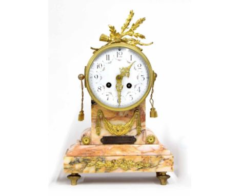 French ormolu and coloured marble two train drumhead mantel clock, the movement with outside countwheel striking on a bell, t