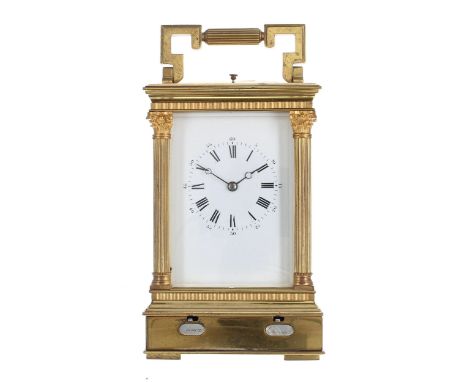 Rare French repeating musical carriage clock striking on a gong, playing two tunes on a musical box fitted in the base and ac