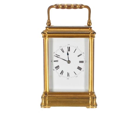 Good Henri Jacot carriage clock striking on a gong, the movement back plate stamped with the maker's trademark logo, no. 9032