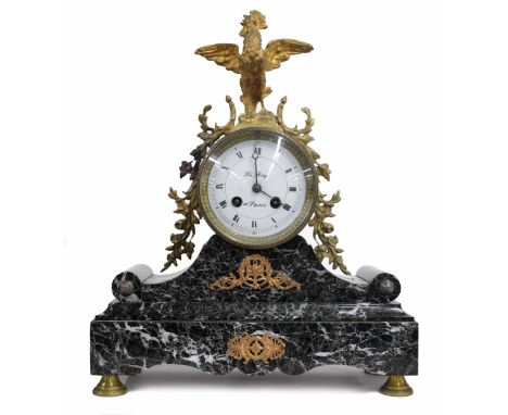 French ormolu and green veined marble drumhead two train mantel clock, the 3.75" white enamel dial signed Le Roy á Paris, the