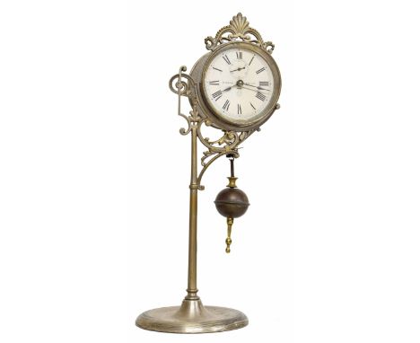 Ansonia Patent novelty bobbing pendulum clock in the form of a lamppost, the 3.5" white dial with subsidiary seconds dial ins
