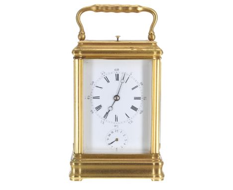 Good French Drocourt repeater carriage clock with alarm, the movement back plate stamped with the maker's trademark logo and 
