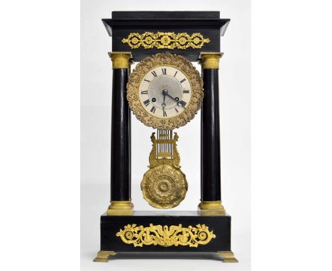 French ebonised portico two train mantel clock, the movement with outside countwheel striking on a bell and signed Dillensens