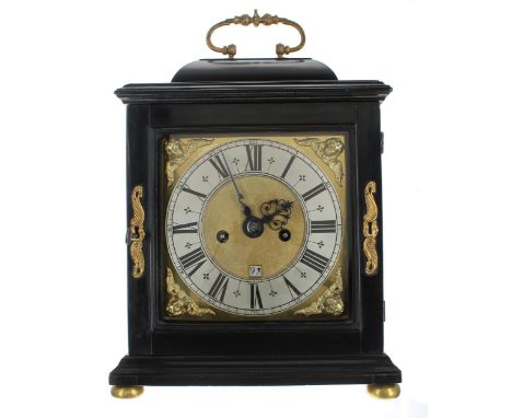 English ebonised double fusee verge table clock, the movement back plate signed James Clowes, Londini Fecit, fitted with outs