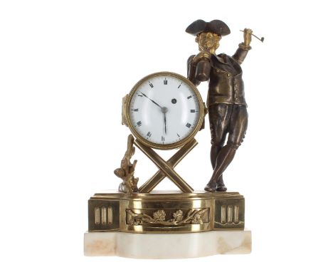 French ormolu, bronze and white marble novelty 'Drunken Sailor' mantel clock timepiece, the 3" white dial inset into a barrel