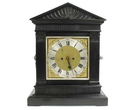 English ebonised double fusee boardroom clock,&nbsp;the movement striking on a gong and with locking pendulum, the 8.5" squar