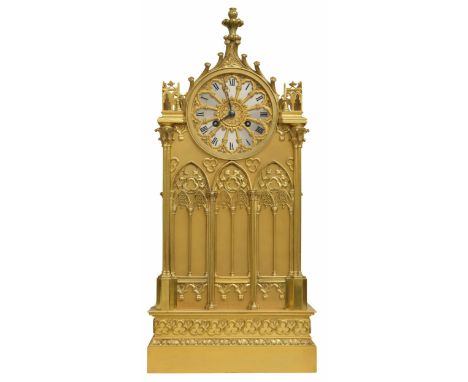 Good French cathedral two train mantel clock, the 4.25" silvered dial behind a pierced overlaid mask, the movement with outsi