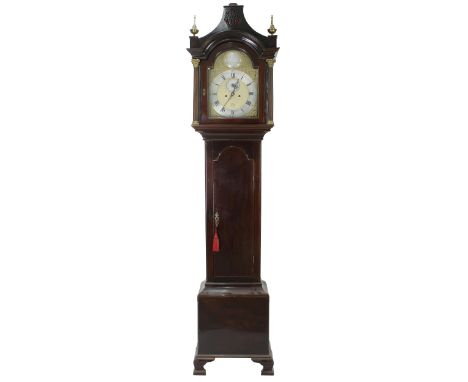 Mahogany eight day longcase clock with five pillar movement, the 11.75" brass arched dial signed Peter Nichols, Newport on a 
